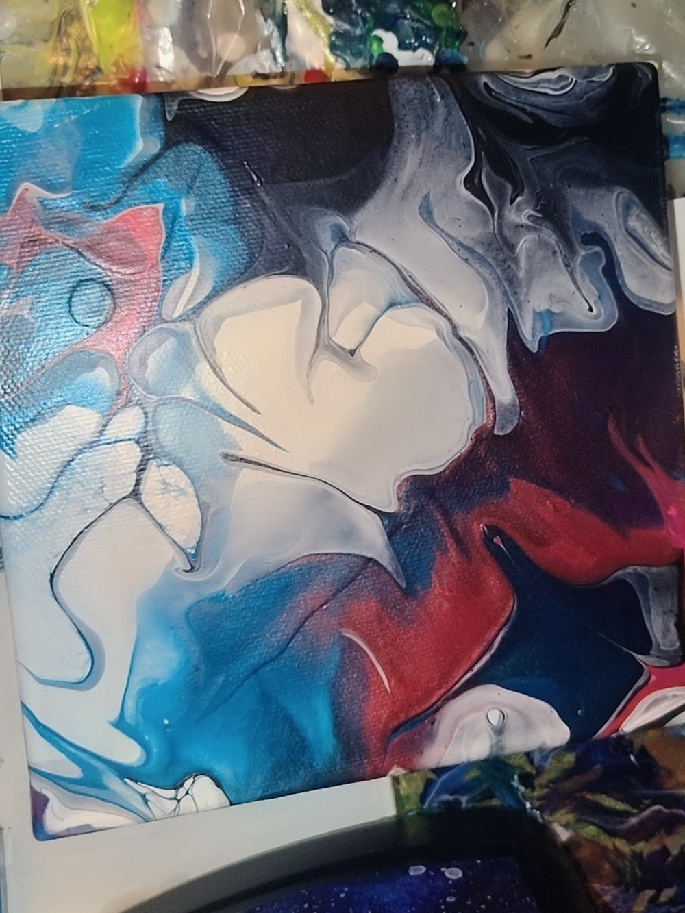 Contemporary Abstract Fluid Painting in Blue, White, and Red